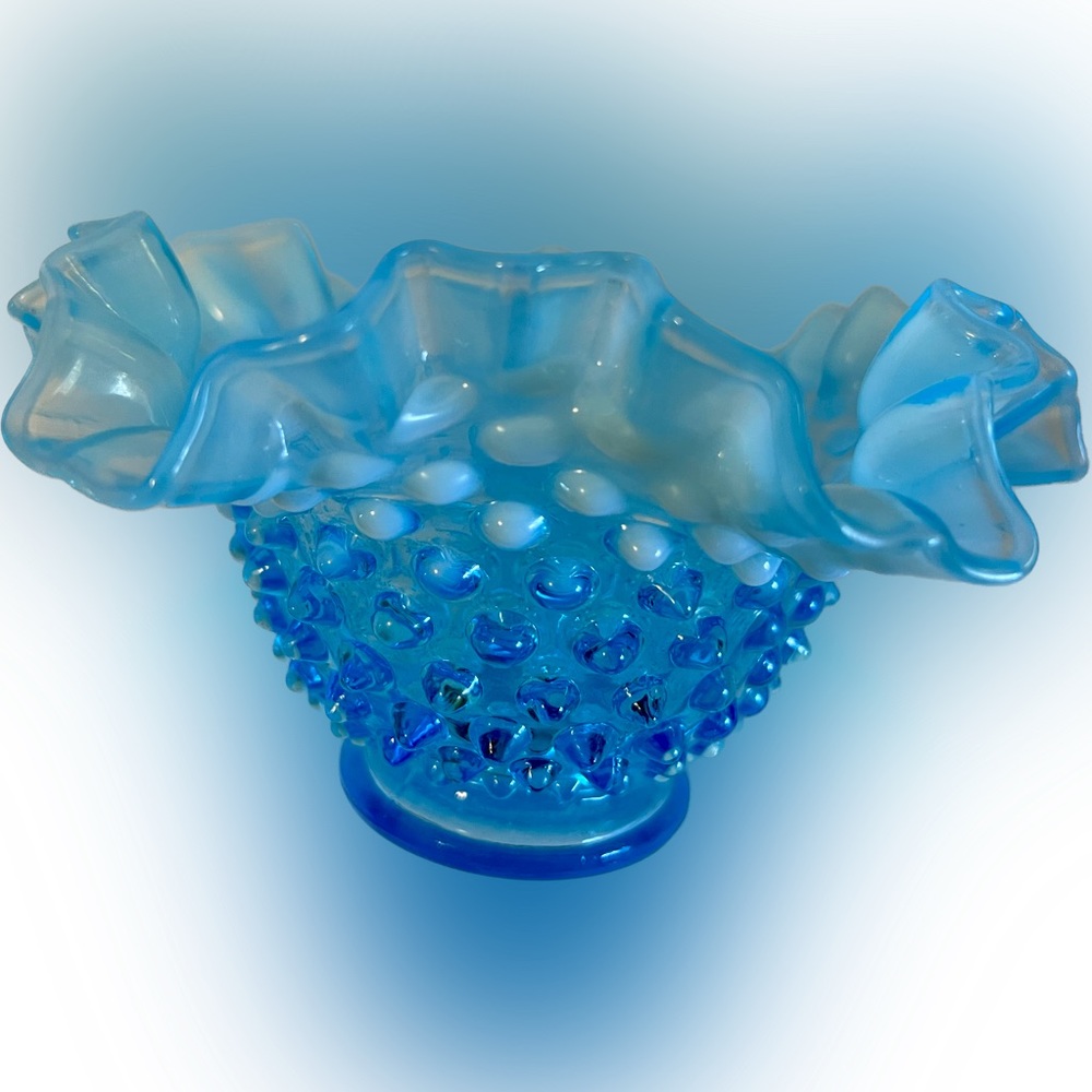 Fenton Blue Opalescent Double Crimped Bowl